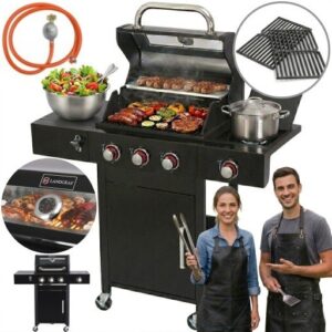 GRILL GAZOWY OGRODOWY BBQ ŻELIWNY RUSZT ZAMYKANY BLATY DODATKOWY PALNIK