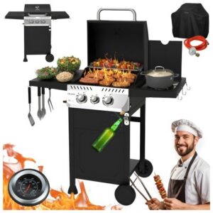 GRILL OGRODOWY GAZOWY Z POKRYWĄ I PÓŁKAMI RUSZT ŻELIWNY 8,5 KW + POKROWIEC
