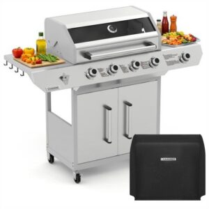 Grill Gazowy Ogrodowy Żeliwny Ruszt 4+1 17kW Nierdzewny Szafka na Butlę