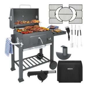 Grill Węglowy Ogrodowy Żeliwny Ruszt Komin z Pokrywą Popielnik + Termometr