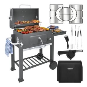 Grill Węglowy Ogrodowy Żeliwny Ruszt z Pokrywą Popielnik + Termometr